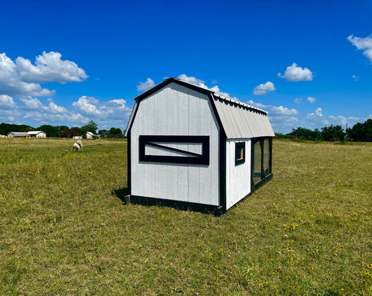 Modern Farmhouse Chicken Coop – 6x6 Henhouse with 6x9 Run (Black & White)
