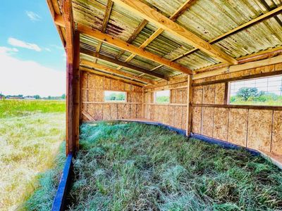 Inside one stall of a loafing shed, with grass underfoot