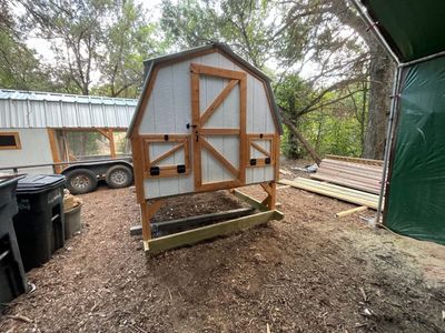 Barn doors on the henhouse: A full walk-in door with two hatch doors beside it.