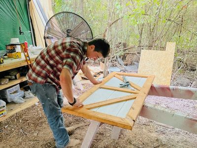 Gluing up a braced barn door at the shop bench