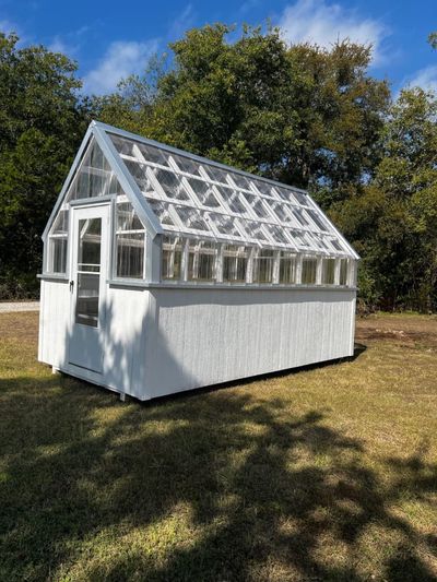 White greenhouse: Wood base, clear roof panels, full-size door.